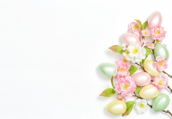 Naklejka na ściany i meble Easter eggs flowers decoration white background