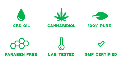 Set of medical CBD themed icons - 100 percent pure, cannabidiol, paraben free