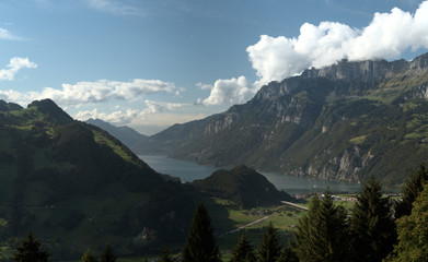 View towards Lake Walen from the mountains above Walenstadt, Swiss Alps