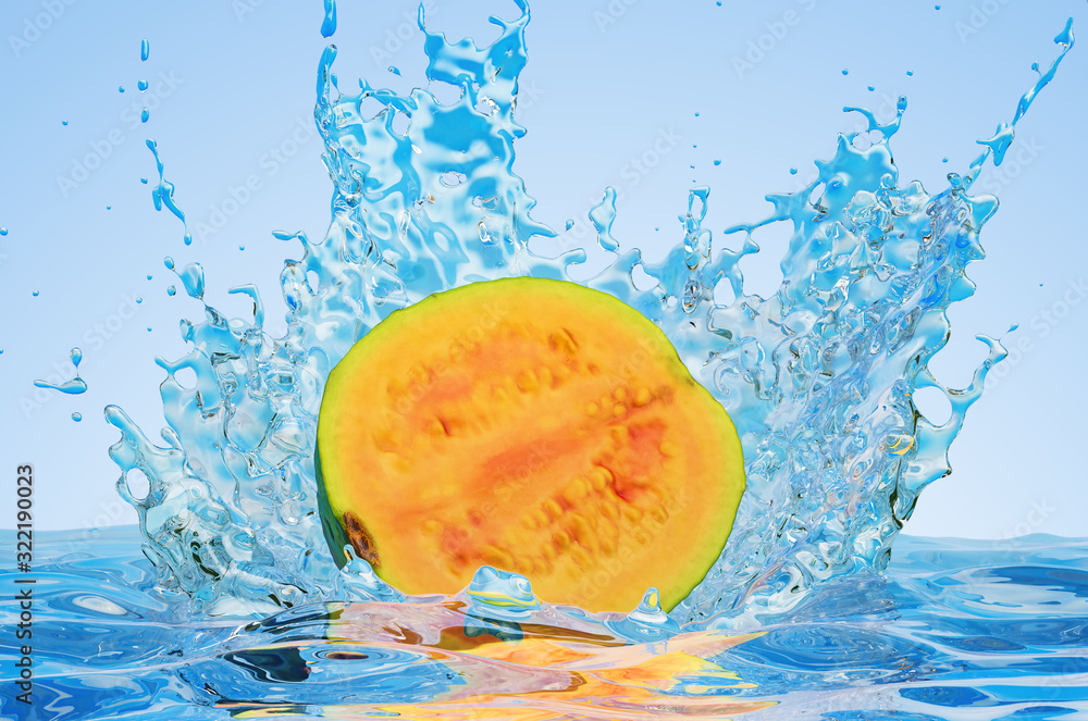Poster common guava cut in half with water splashes, 3d rendering