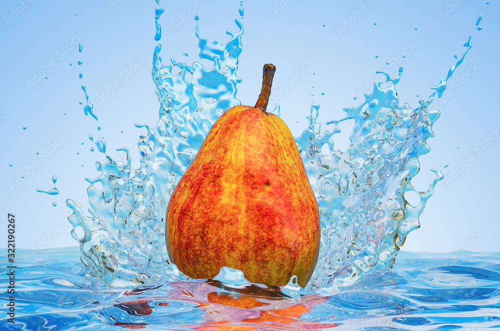 Poster pear with water splashes, 3d rendering