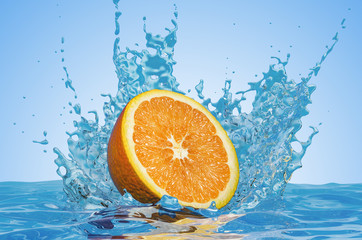 Orange cut in half with water splashes, 3D rendering