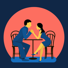 A couple of cute lovers at a table in a cafe. Flat vector illustration in trendy colors