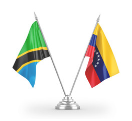 Venezuela and Tanzania table flags isolated on white 3D rendering