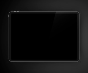 Realistic dark themed illustration of high detailed digital tablet. Black screen of drawing pad for your content