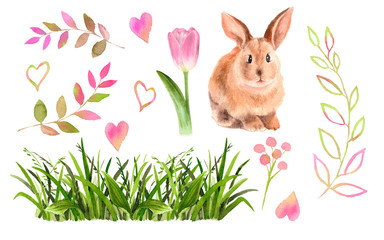 Watercolor easter set. Tulip flower, bunny rabbit, green grass, color doodle branches. Hand drawn  illustrations isolated on white. Funny baby animal.