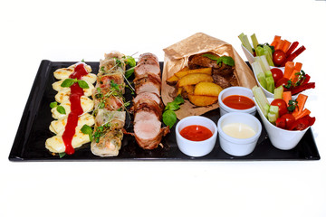 Sandwiches with meat slicing and fruit