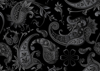 Seamless pattern, background with traditional paisley. Floral vector illustration in damask style. Vector illustration in black color..