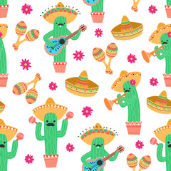 Obraz na płótnie Canvas Seamless pattern with cute mexican cactus playing on guitar and trumpet and dancing with maracas. Vector illustration