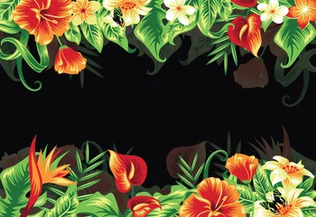 Behang Summer tropical background frame with palm leaves and hibiscus flowers. Vector floral background. © Oksana