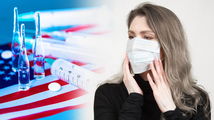 American woman next to medication. Medecine in the USA. A girl in a medical mask looks at the pills. Treatment in America. Vaccination in the USA. Healthcare Medical insurance. US epidemic