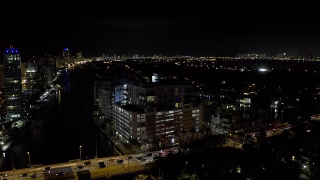 Aerial night video Miami Beach 63rd Street Indian Creek