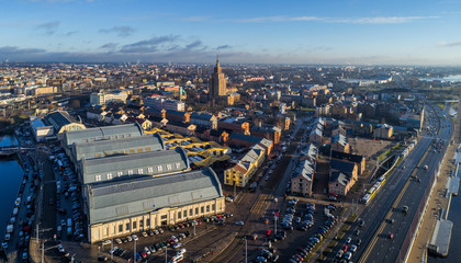 Obraz premium Beautiful aerial panorama view of Riga city skyline, Latvia