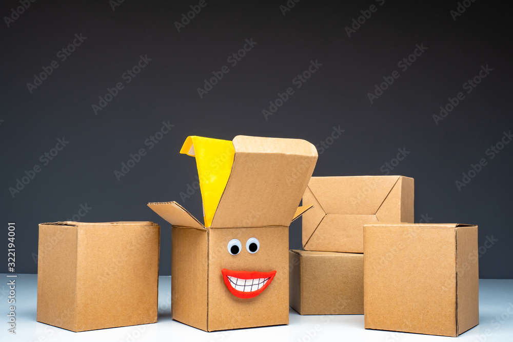 Poster unpacking. open box with a man's face. joy of unpacking your purchase. boxes are ready for unpacking