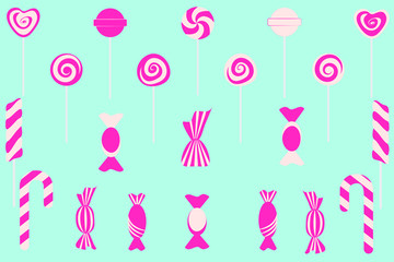 Sweets and candy icon vector set on a blue background