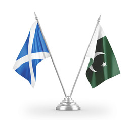 Pakistan and Scotland table flags isolated on white 3D rendering