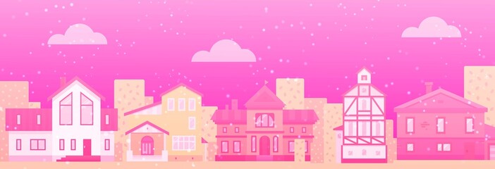 Monochrome pink cartoon fairy tale houses for Valentine Day love city vector illustration. Snow on winter fairytale houses. Background for paper, poster, textile, web design.