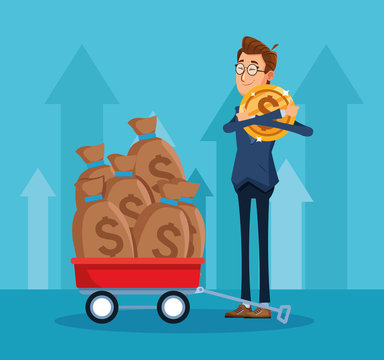 cartoon man with money coin and trolley with money sacks