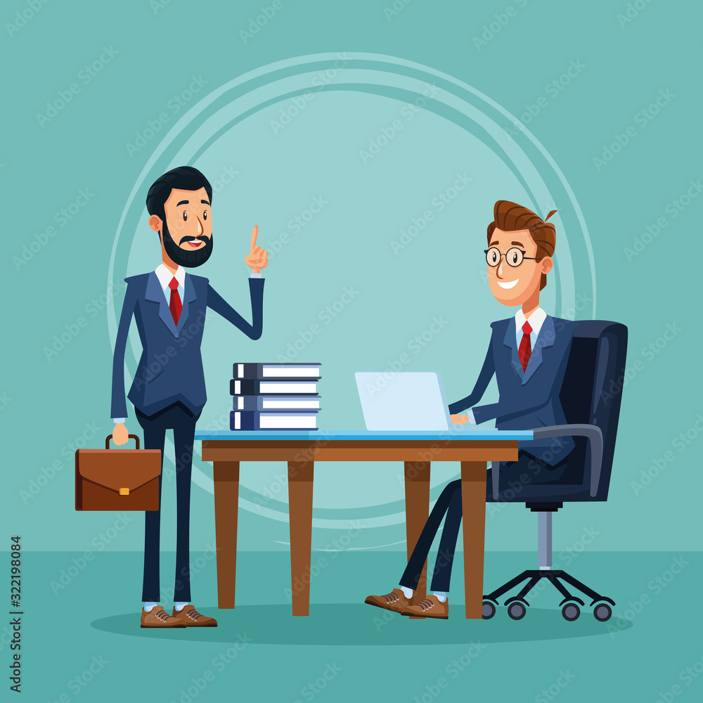 Sticker businessman standing and businessman sitting at the office desk