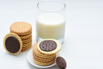 Chocolate cookies accompanied by glass of milk