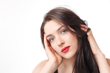 Fototapeta premium Business young beautiful lady on a white background shows different emotions copy space