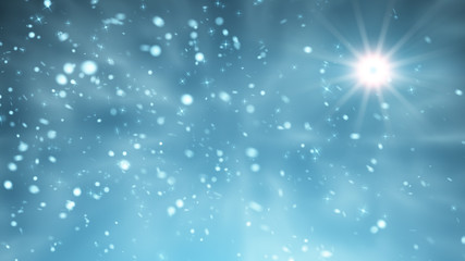 Falling white and gold snowflakes on night sky with snowstorm in winter. Falling snow background concept.