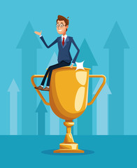 cartoon businessman sitting on big trophy cup, colorful design