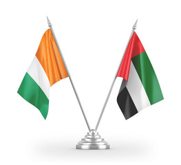 United Arab Emirates and Cote d'Ivoire Ivory coast table flags isolated on white 3D rendering