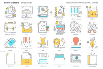 Office tools related, color line, vector icon, illustration set