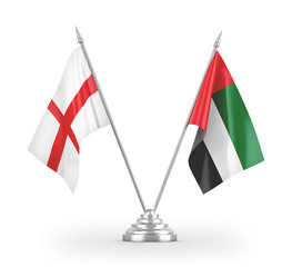 United Arab Emirates and England table flags isolated on white 3D rendering