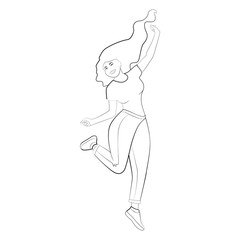 Vector illustration full length character of healthy and slim woman jumping in the air, in concept of healthy, happiness, winning, success. Outline, hand drawn, line art, doodle, sketch design.