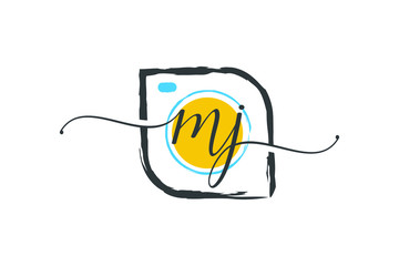 M J Initial handwriting logo design with a brush, Photography logo concept.