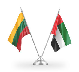 United Arab Emirates and Lithuania table flags isolated on white 3D rendering