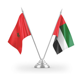 United Arab Emirates and Morocco table flags isolated on white 3D rendering