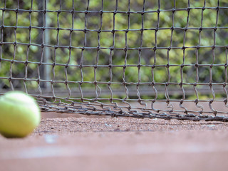 Pelota de tenis en movimiento con fondo natural acompañado con una raqueta en cancha de tenis