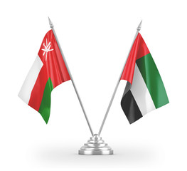 United Arab Emirates and Oman table flags isolated on white 3D rendering