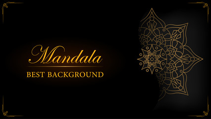 luxury ornamental mandala design black background in gold color.