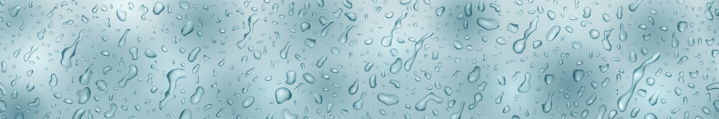 Banner in light blue colors with drops and streaks of water, flowing down the surface. With seamless horizontal repetition