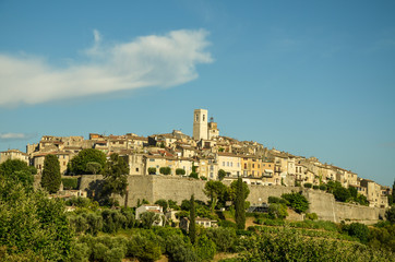 Panoramic view of Saint-Paul-de-Vence town in Provence, France. It is a medieval village, popular tourist attraction known as village-fortress& and town of arts