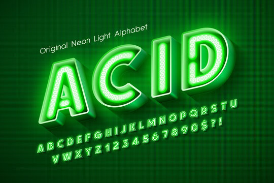 Neon light 3d alphabet, extra glowing modern type.