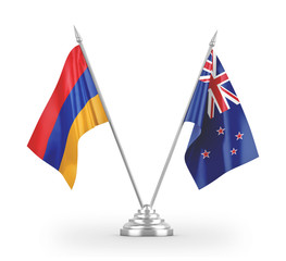 New Zealand and Armenia table flags isolated on white 3D rendering