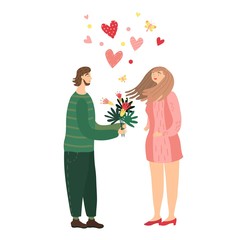 Romantic couple on first date, people in love, valentine day vector illustration. Man and woman cartoon characters, romantic date, flowers and hearts symbols of love. Couple romance, valentine day