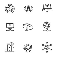 Set of internet network related icons in black line design isolated on white background 