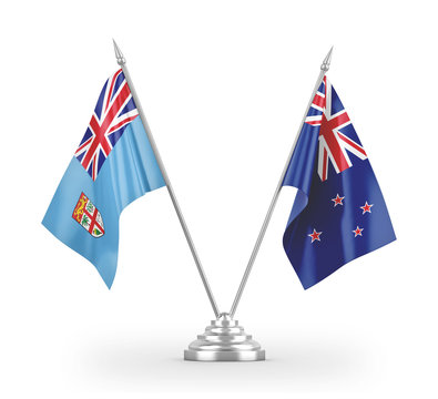 New Zealand and Fiji table flags isolated on white 3D rendering