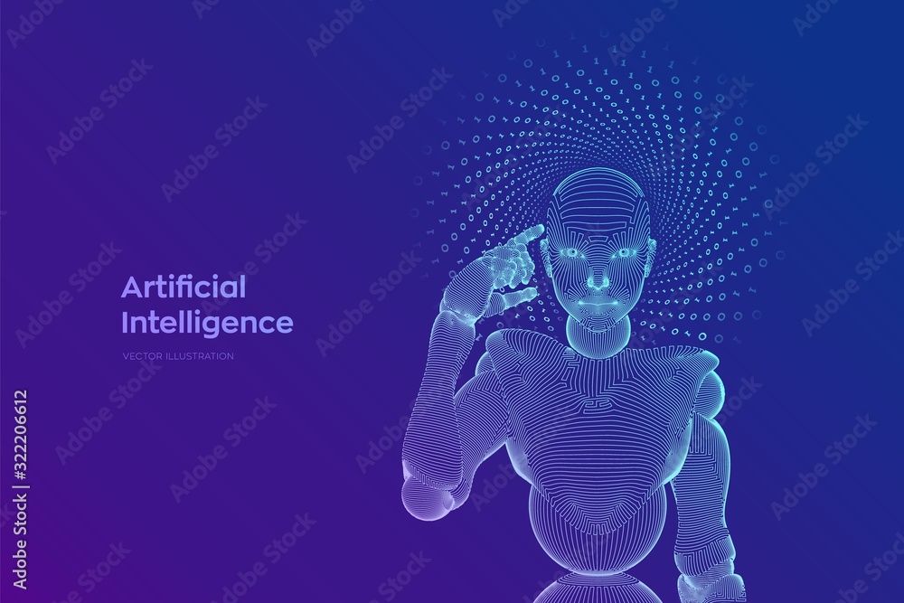 Aufkleber abstract wireframe female cyborg or robot holds a finger near the head and thinks or computes using 