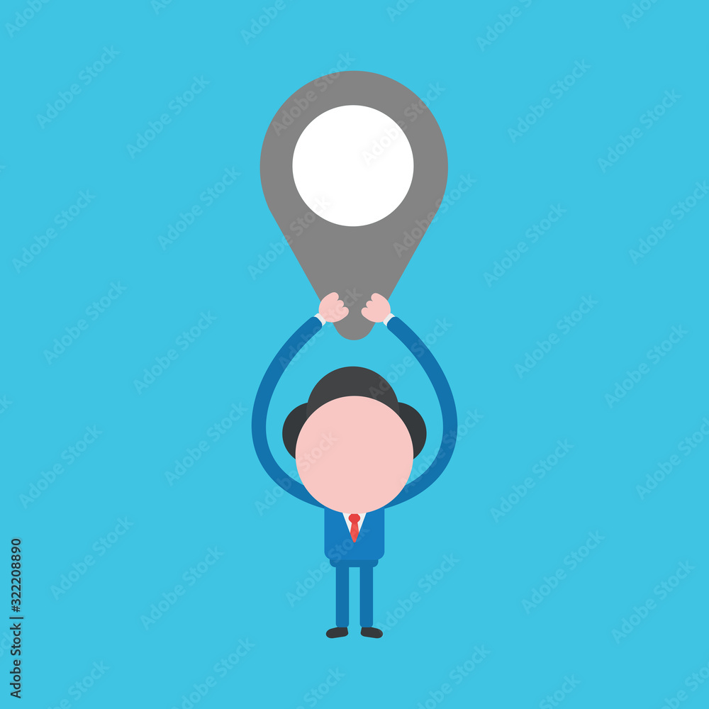 Poster vector illustration concept of businessman character holding up map pointer on blue background.