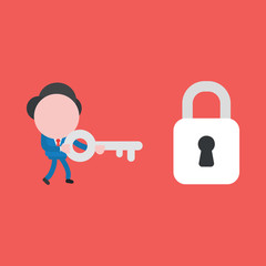 Vector illustration concept of businessman character carrying key to closed padlock on red background.