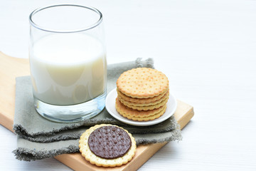Chocolate cookies accompanied by glass of milk