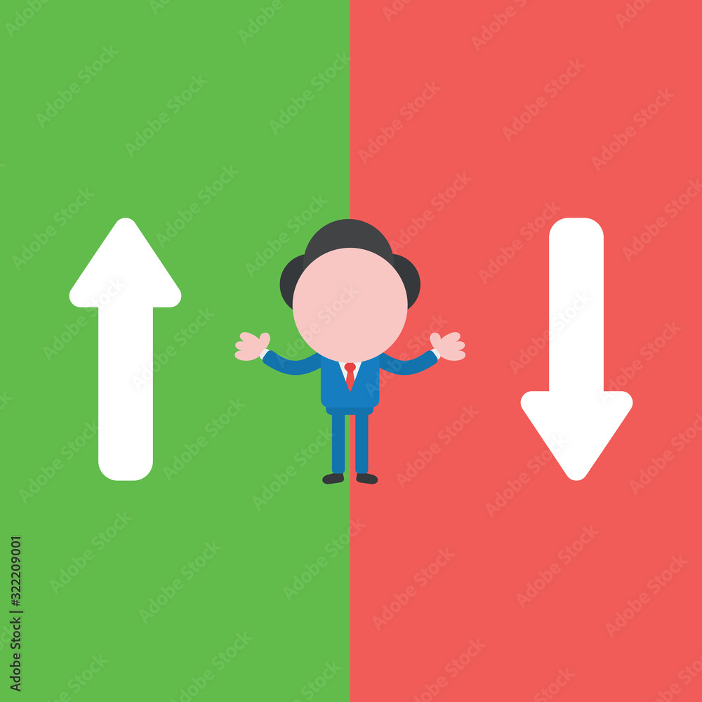 Poster vector illustration concept of businessman character with arrows moving up and down on green and red