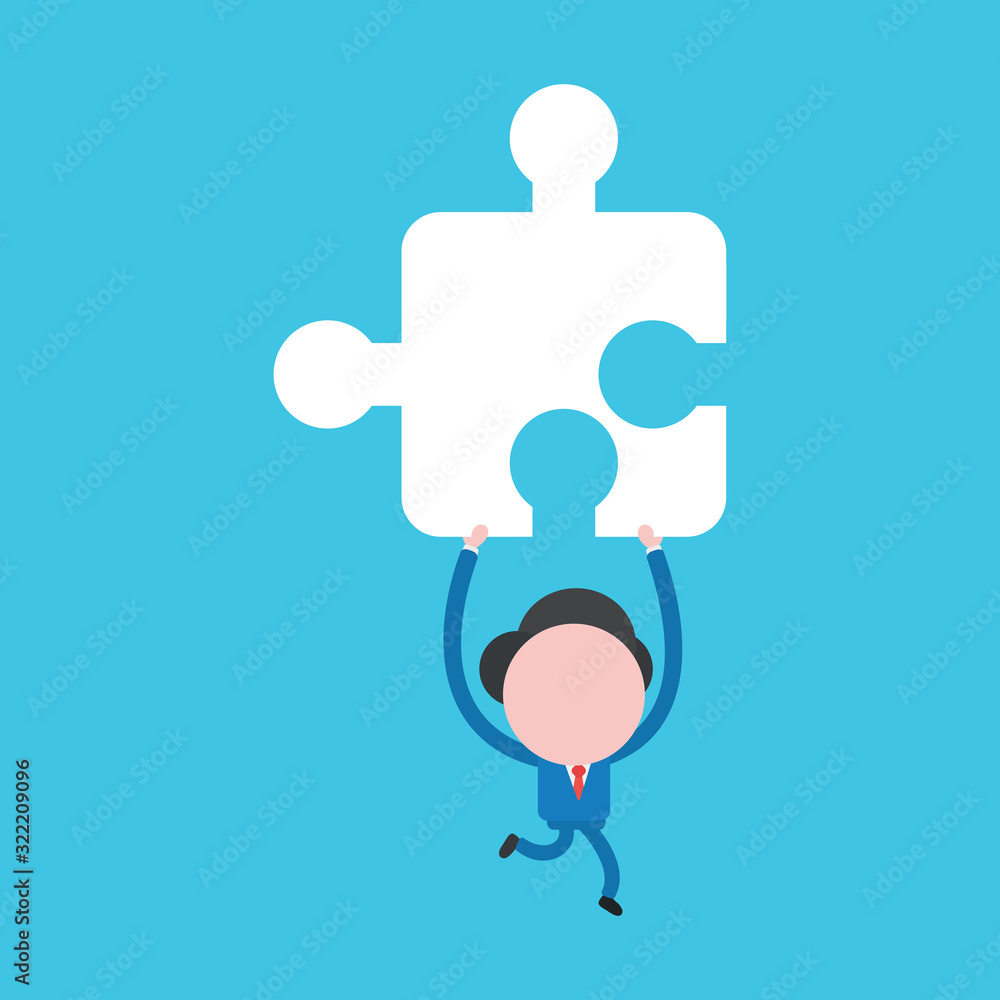 Poster vector illustration concept of businessman character running and carrying missing jigsaw puzzle piec